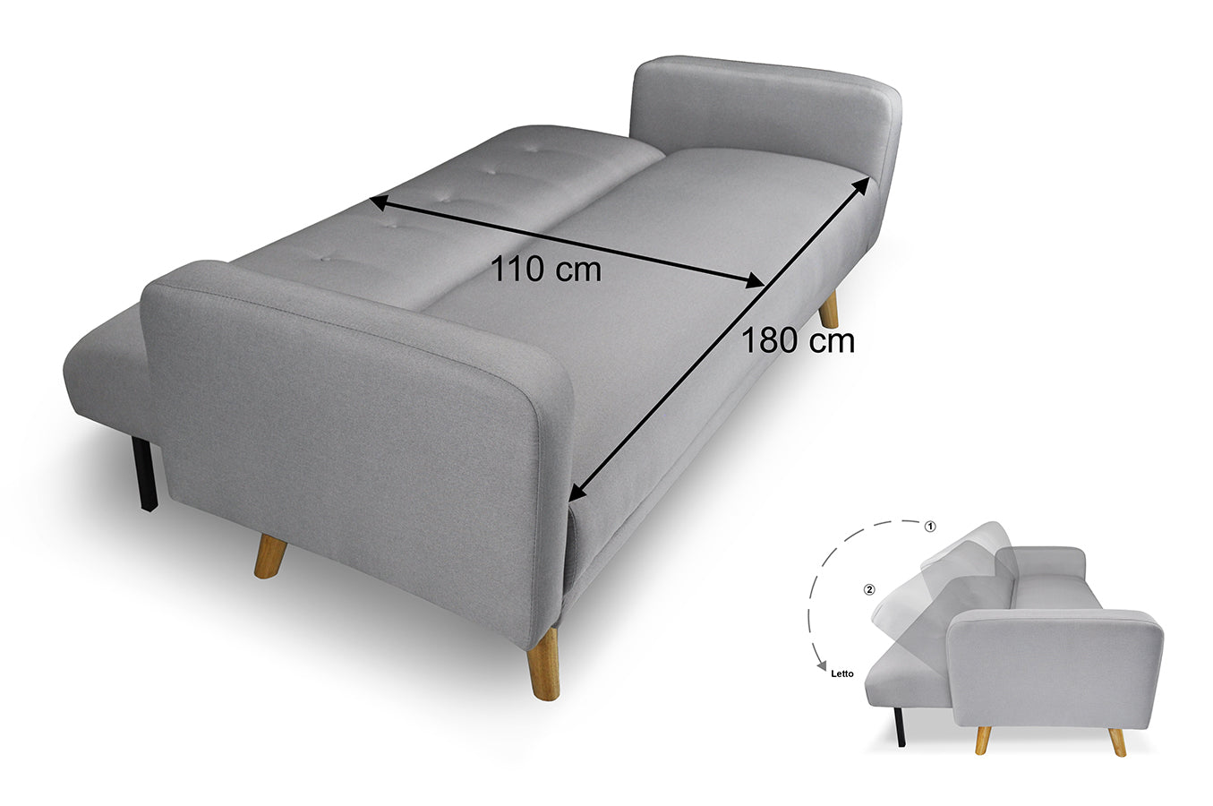 Divano letto clic clac in tessuto vellutato grigio, divano 3 posti mod. Henry - DL-HE01FBC