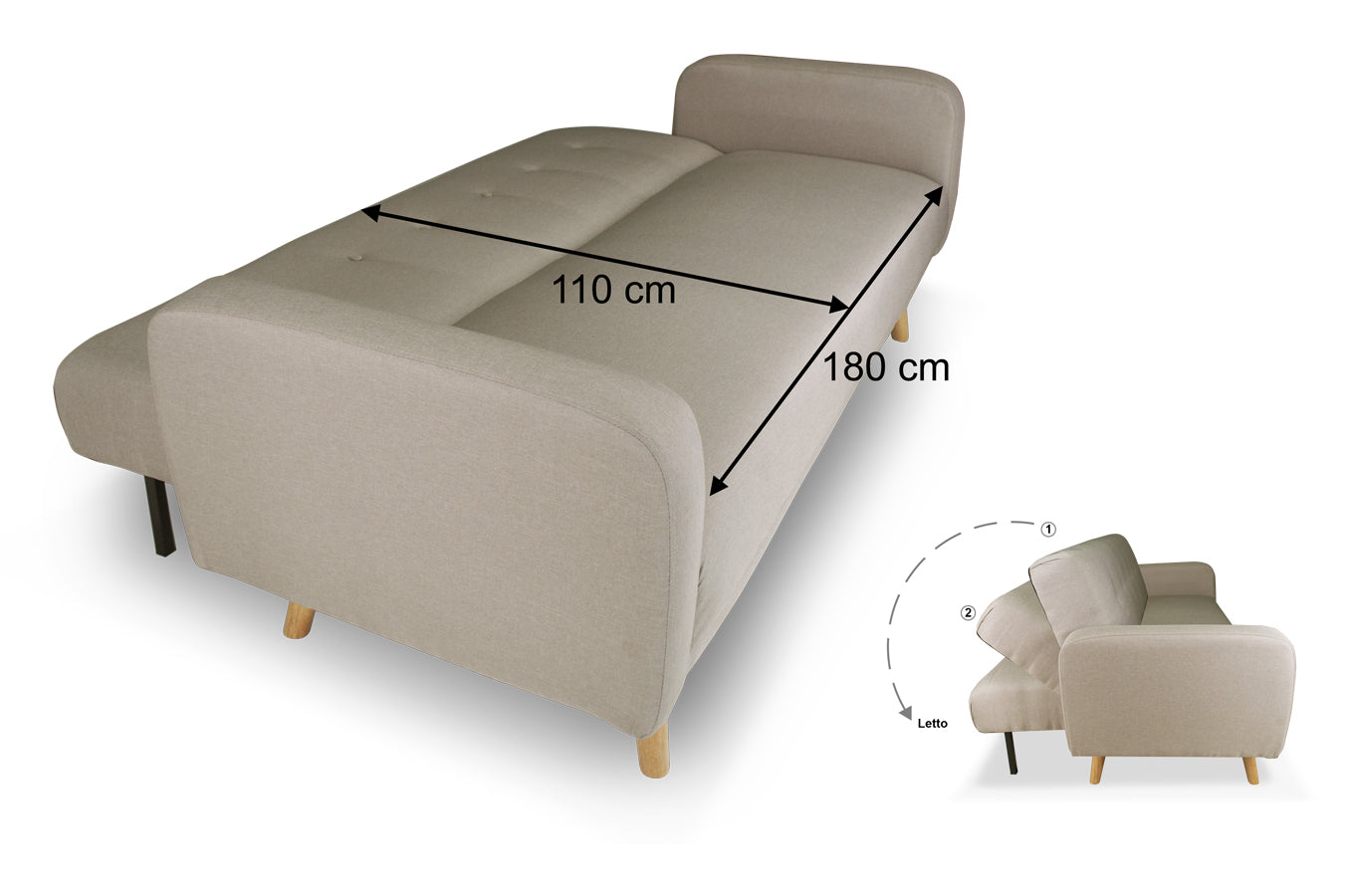 Divano letto clic clac in tessuto vellutato tortora, divano 3 posti mod. Henry - DL-HE27FBC