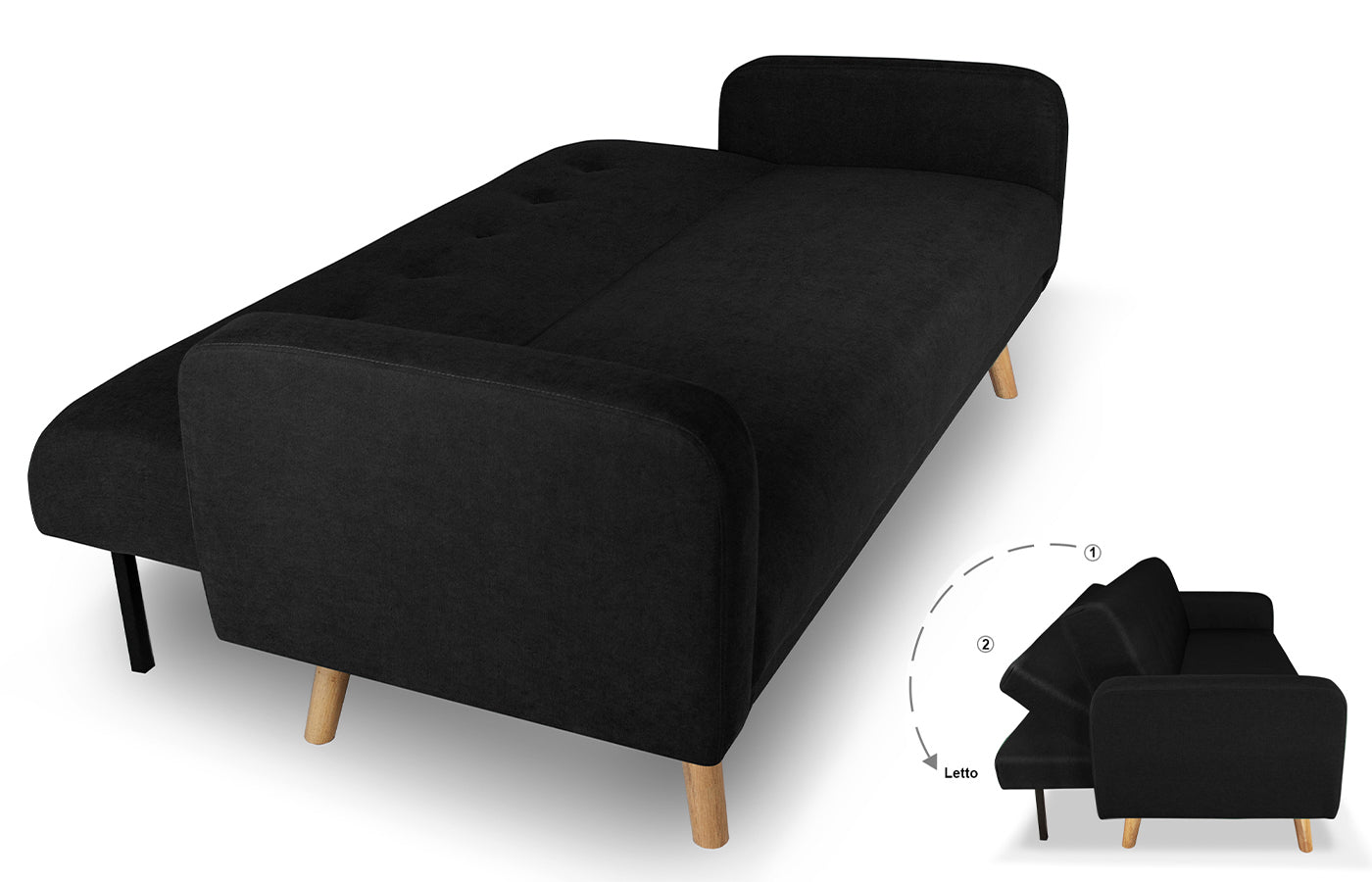 Divano letto clic clac in tessuto vellutato nero, divano 3 posti mod. Henry