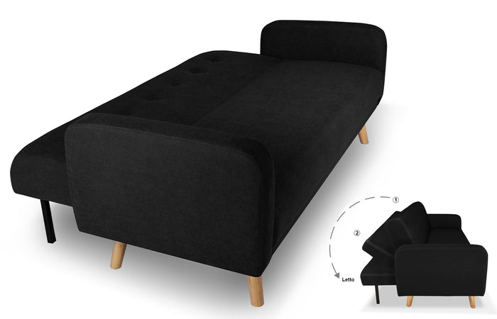 Divano letto clic clac in tessuto vellutato nero, divano 3 posti mod. Henry