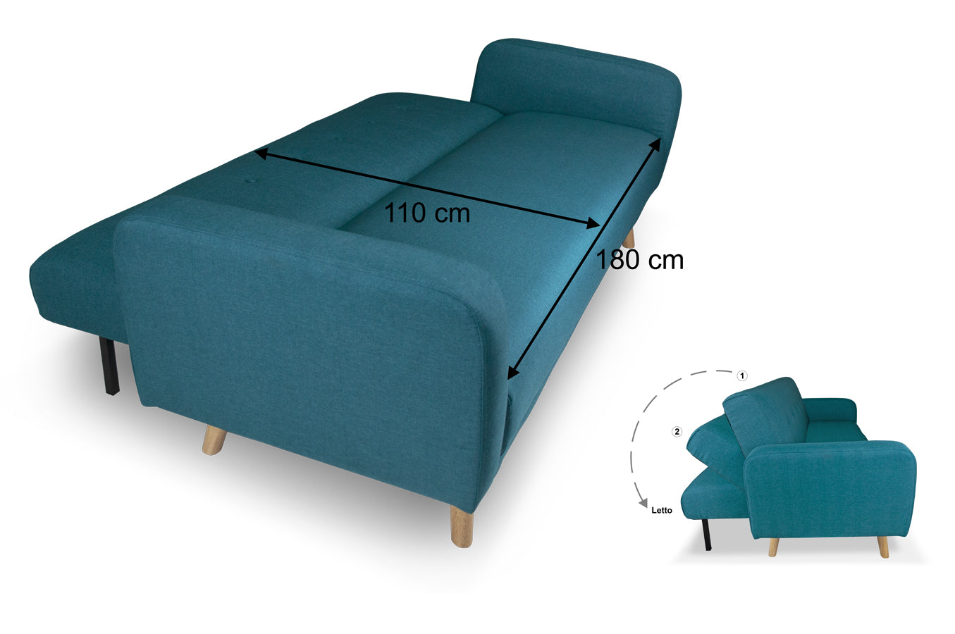 Divano letto clic clac in tessuto vellutato blu petrolio, divano 3 posti mod. Henry - DL-HE27FBC