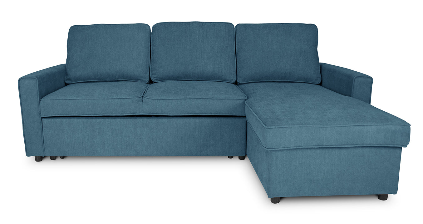 Divano letto angolare con contenitore, divano con chaise longue blu denim mod. Kennedy DL-KE07CL