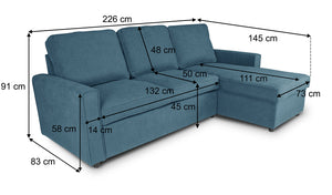 Divano letto angolare con contenitore, divano con chaise longue blu denim mod. Kennedy DL-KE07CL