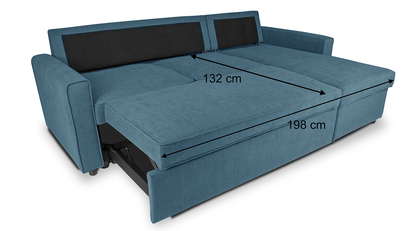 Divano letto angolare con contenitore, divano con chaise longue blu denim mod. Kennedy DL-KE07CL