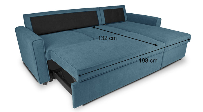 Divano letto angolare con contenitore, divano con chaise longue blu denim mod. Kennedy DL-KE07CL