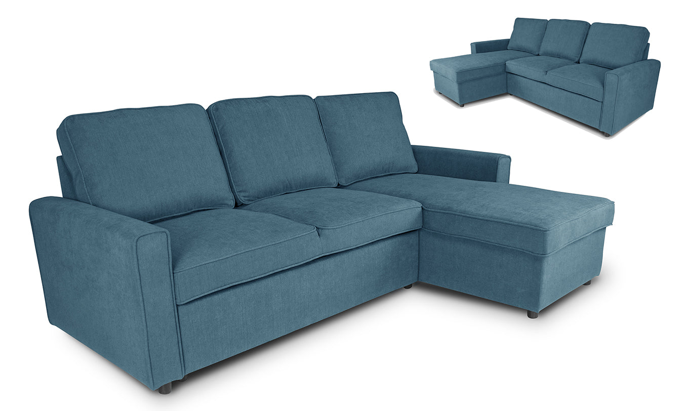 Divano letto angolare con contenitore, divano con chaise longue blu denim mod. Kennedy DL-KE07CL