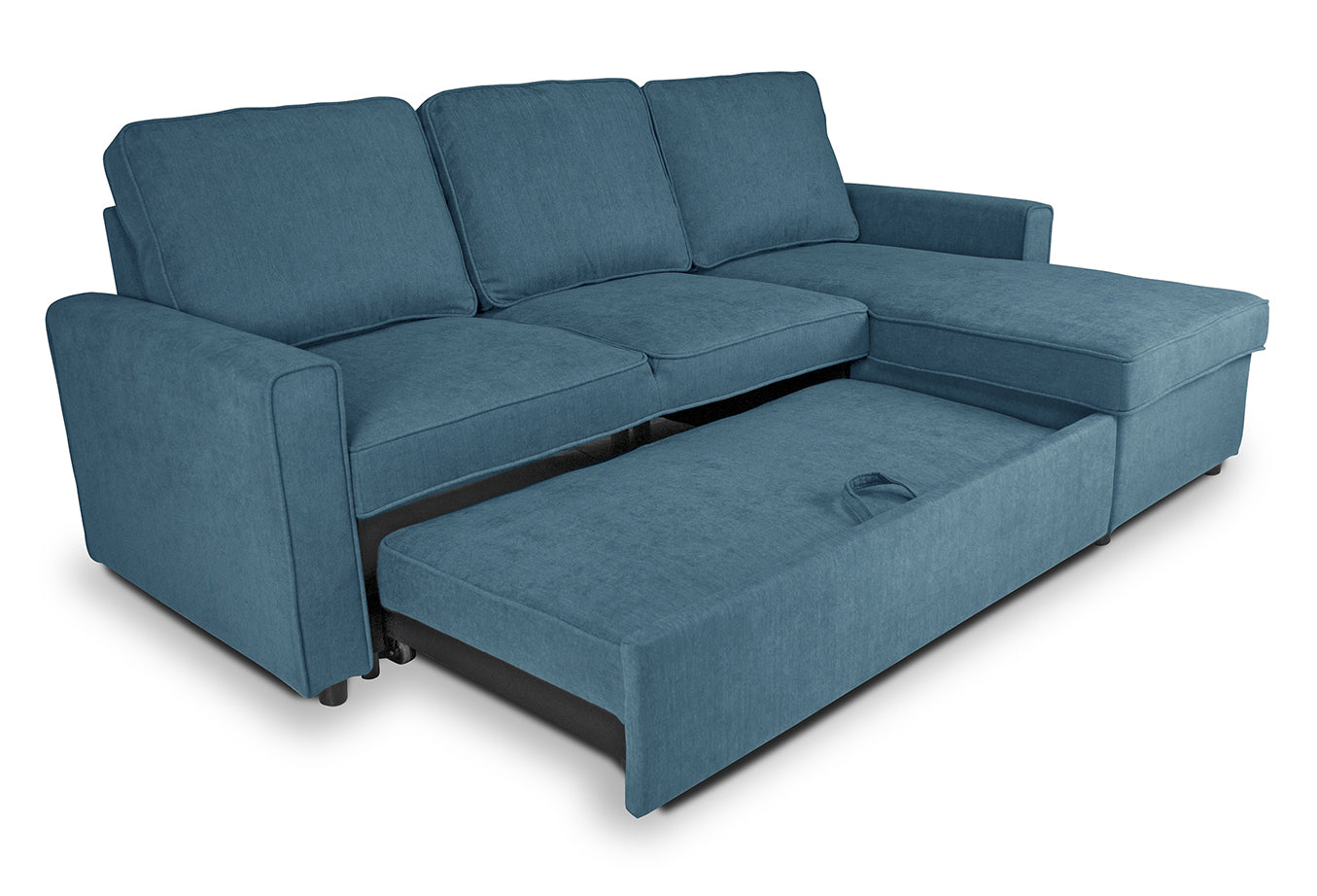 Divano letto angolare con contenitore, divano con chaise longue blu denim mod. Kennedy DL-KE07CL