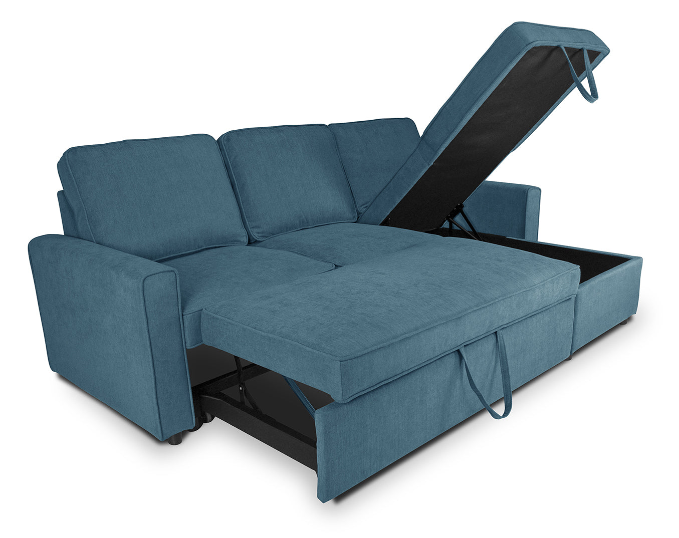Divano letto angolare con contenitore, divano con chaise longue blu denim mod. Kennedy DL-KE07CL