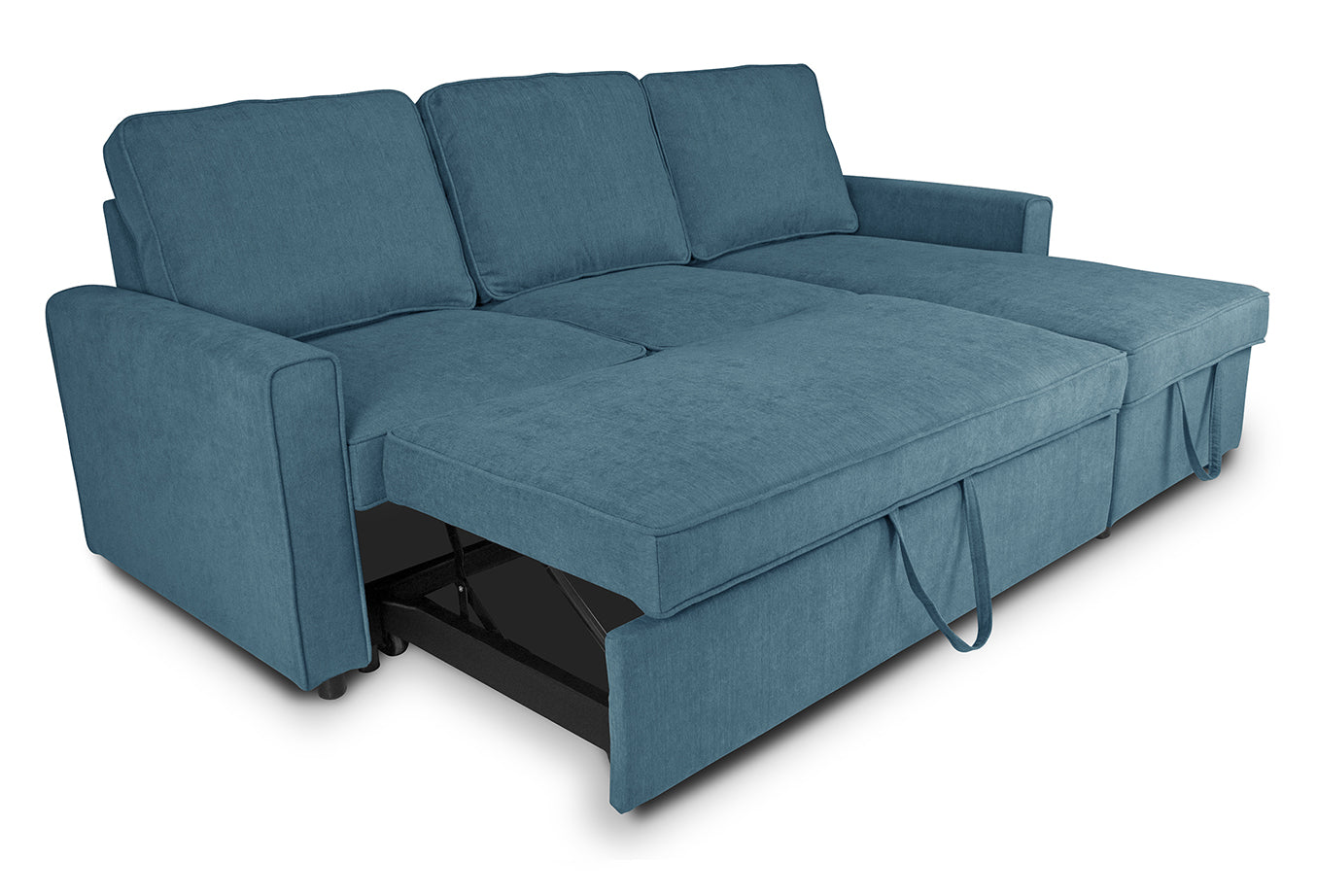 Divano letto angolare con contenitore, divano con chaise longue blu denim mod. Kennedy DL-KE07CL