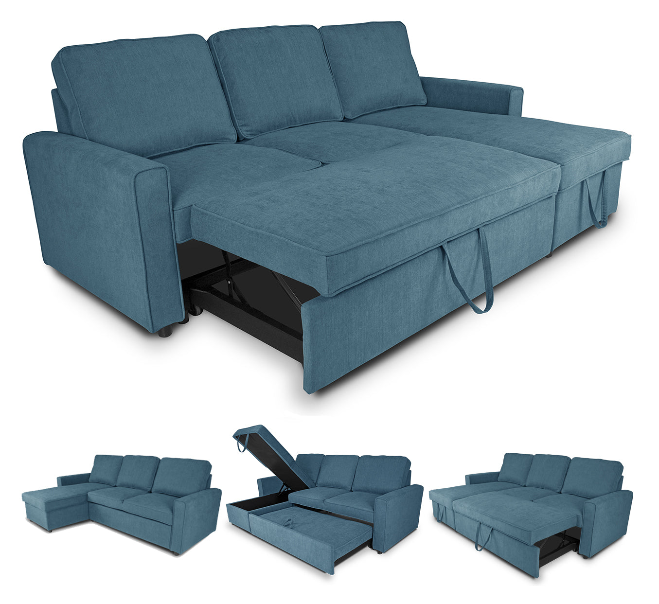 Divano letto angolare con contenitore, divano con chaise longue blu denim mod. Kennedy DL-KE07CL