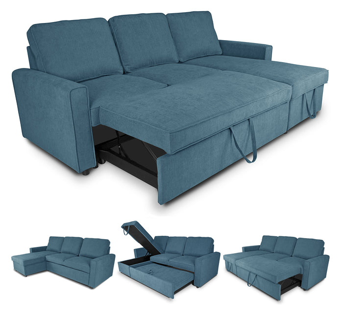 Divano letto angolare con contenitore, divano con chaise longue blu denim mod. Kennedy DL-KE07CL