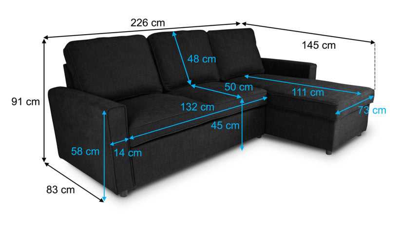 Divano letto angolare con contenitore, divano con chaise longue nero mod. Kennedy DL-KE10CL