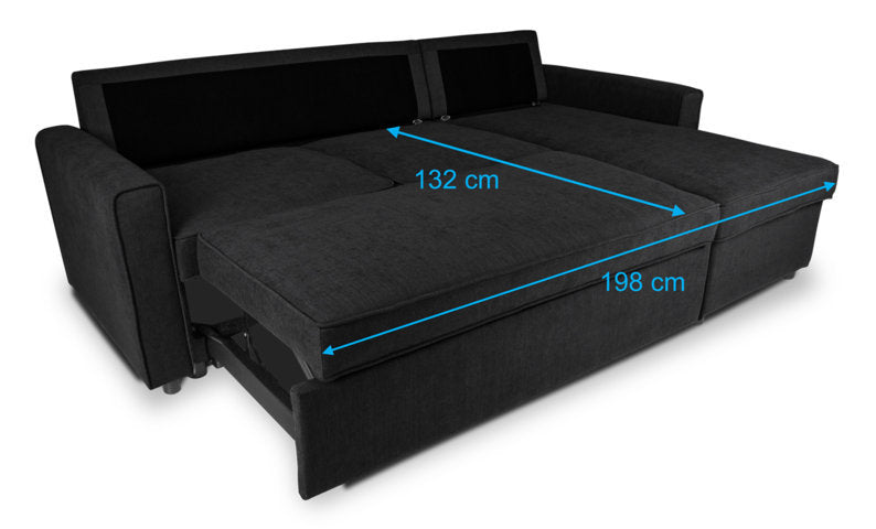 Divano letto angolare con contenitore, divano con chaise longue nero mod. Kennedy DL-KE10CL