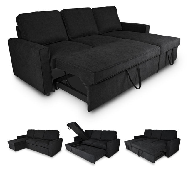 Divano letto angolare con contenitore, divano con chaise longue nero mod. Kennedy DL-KE10CL