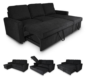 Divano letto angolare con contenitore, divano con chaise longue nero mod. Kennedy DL-KE10CL