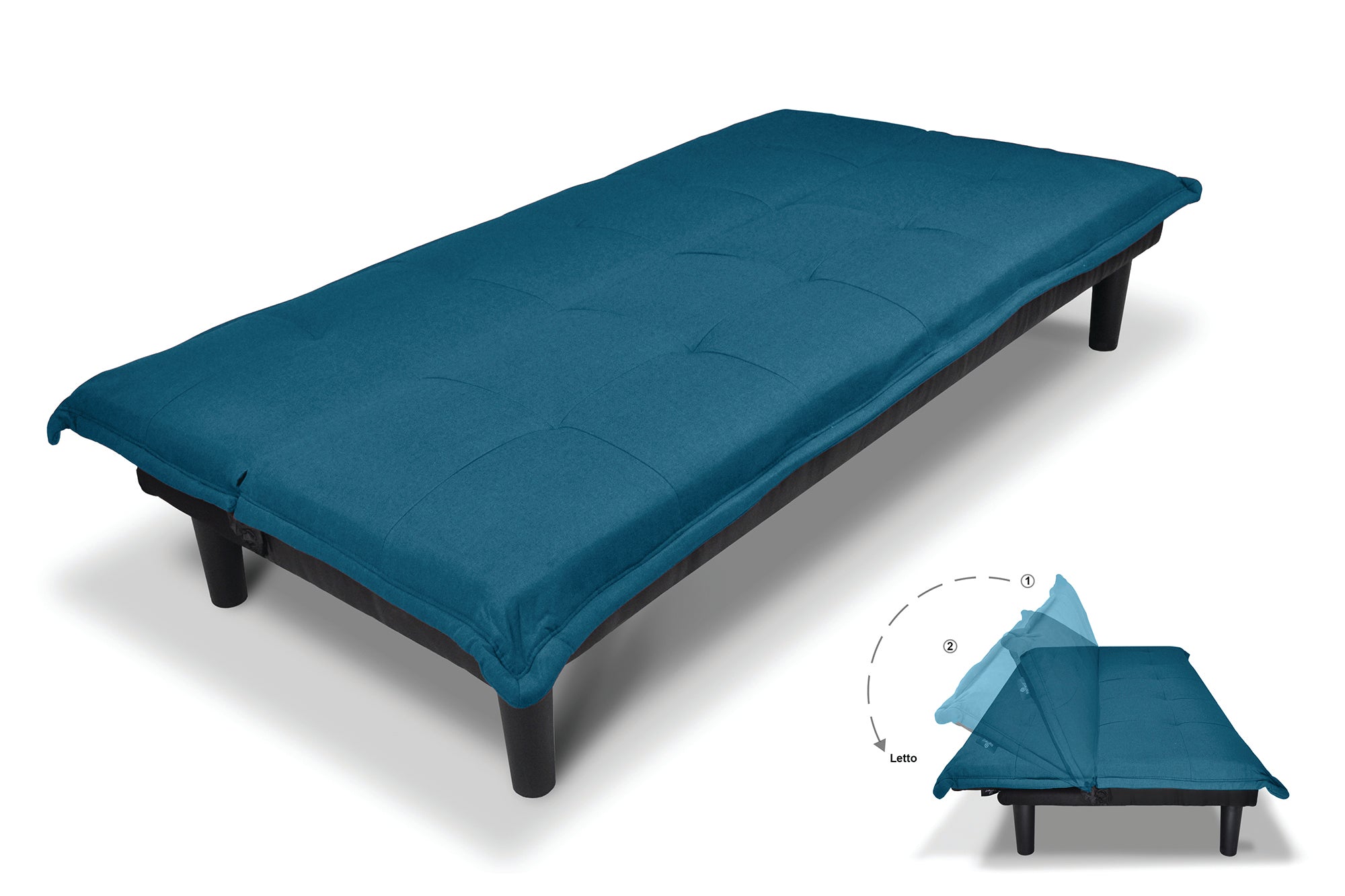 Divano letto clic clac, divanetto Russell in tessuto vellutato blu petrolio DL-RU27FB