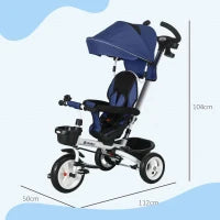 Triciclo Passeggino per Bambini con Maniglione, Parasole Regolabile e Cintura di Sicurezza, Blu Scuro