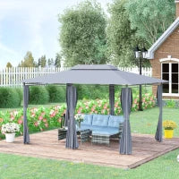 Gazebo Padiglione da Giardino in Stile Coloniale con Tetto Doppio e Tende Laterali, 3L x 4l x 2,8H m, Grigio