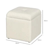 Pouf Contenitore Imbottito in Tessuto Teddy Morbido per Salotto e Camera, 39x39x39cm, Crema