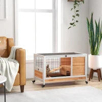 Conigliera in Legno con 4 Ruote, Casetta per Conigli e Rampa, 90x53x59cm, Giallo