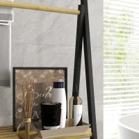 Portasciugamani Pieghevole con 3 Barre e 3 Ripiani, in Bambù e Acciaio, 53x31x153 cm, Nero e color Legno