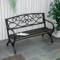 Panchina da Giardino 2 Posti in Acciaio e Ghisa con Braccioli e Decorazione, 128x58.5x85cm, Nero