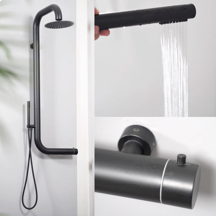 Sined Doccia Nera a Parete in Acciaio Inox AISI 316L Nautico con Miscelatore Soffione Ampio Interni o Esterni Acqua calda e fredda Per Uso Intensivo DOCCIA CABRAS NERA