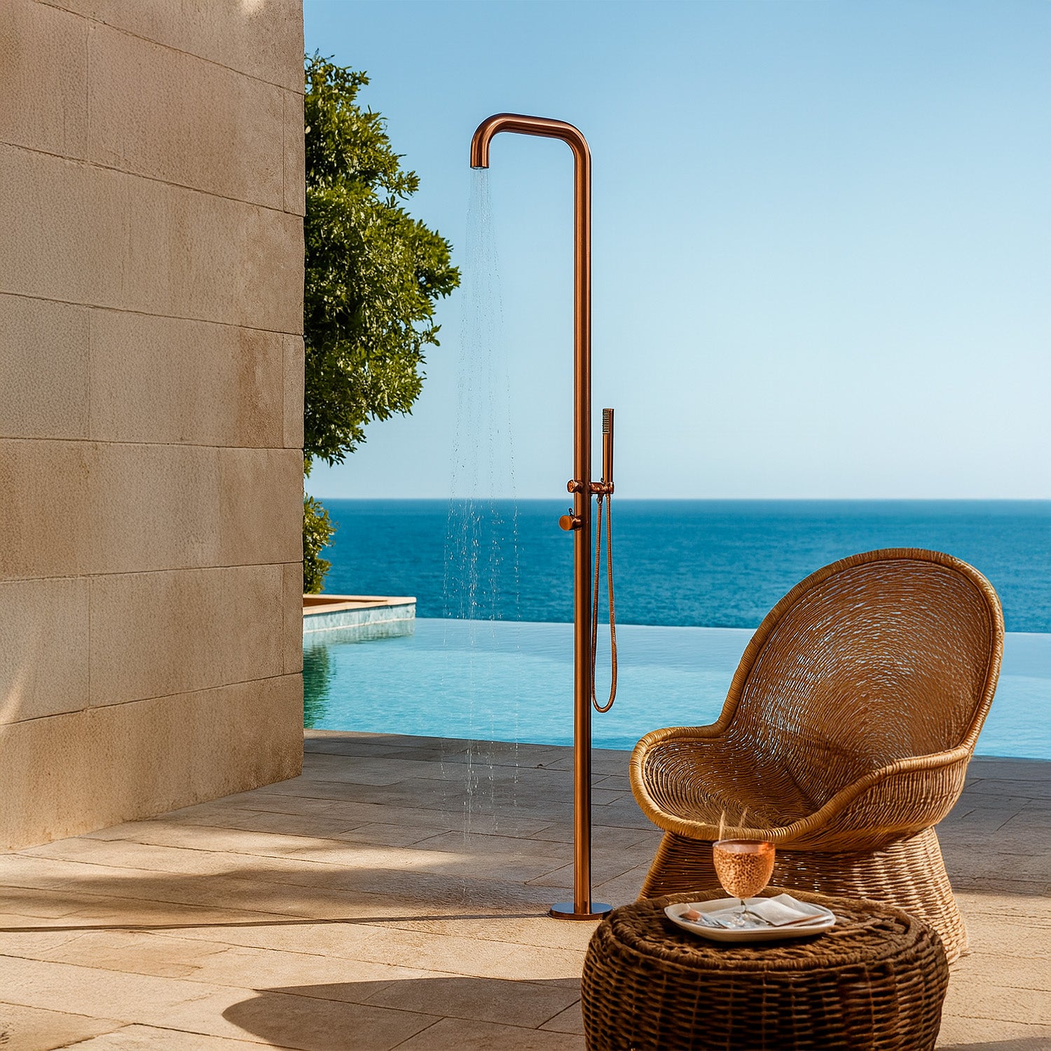 SINED Doccia Esterna Inox Oro Rosa con Miscelatore e Doccino Acciaio Inox AISI 316L Fusto Diametro 6 cm Altezza 2300 mm Attacchi Integrati Modello DOCCIA CHIA ORO ROSA