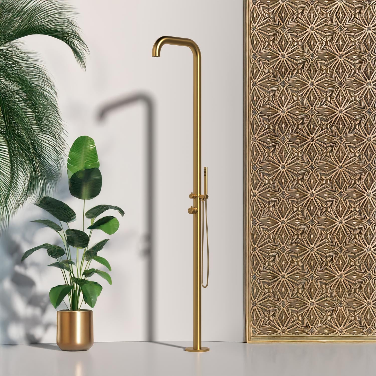 SINED Doccia Esterna in Acciaio Inox 316L Colore Oro Fusto 6 cm Altezza 2300 mm Miscelatore e Doccino Inclusi Modello DOCCIA CHIA ORO