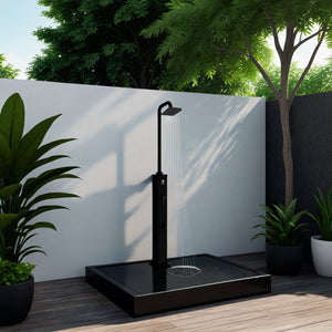 Sined Dino Doccia Solare Calda Da Esterno Con Base In Alluminio e Tubo In Acciaio Nero Serbatoio 26 Litri Soffione Quadrato In Abs Miscelatore Lavapiedi