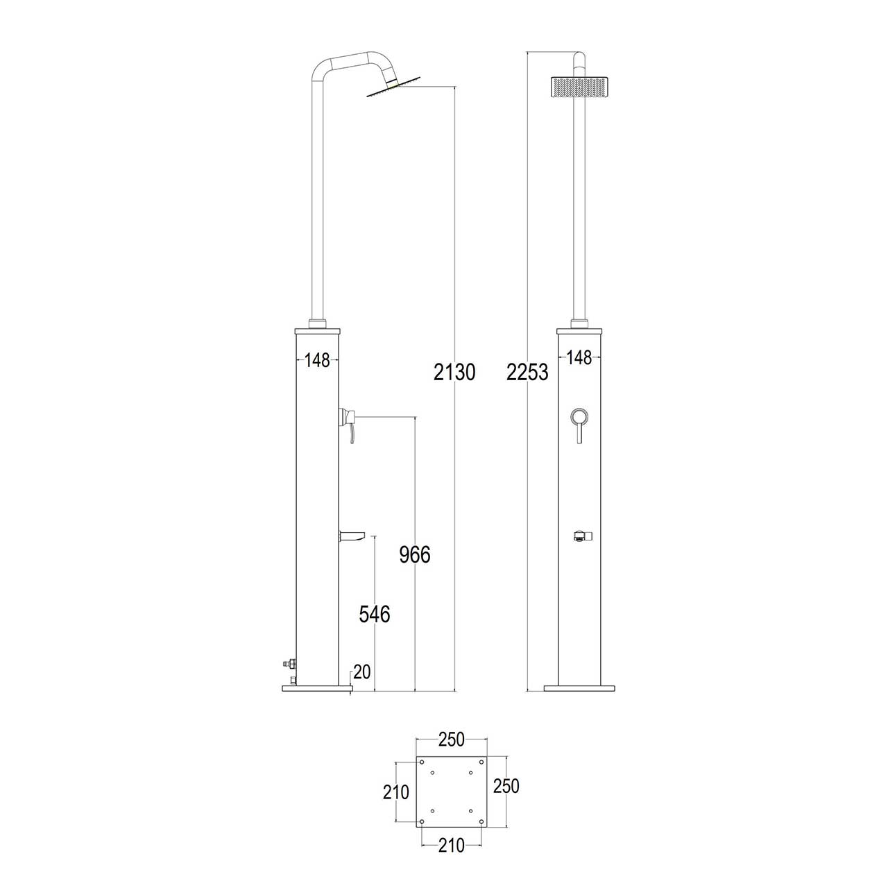 Sined Dino Doccia Solare Calda Da Esterno Con Base In Alluminio e Tubo In Acciaio Nero Serbatoio 26 Litri Soffione Quadrato In Abs Miscelatore Lavapiedi