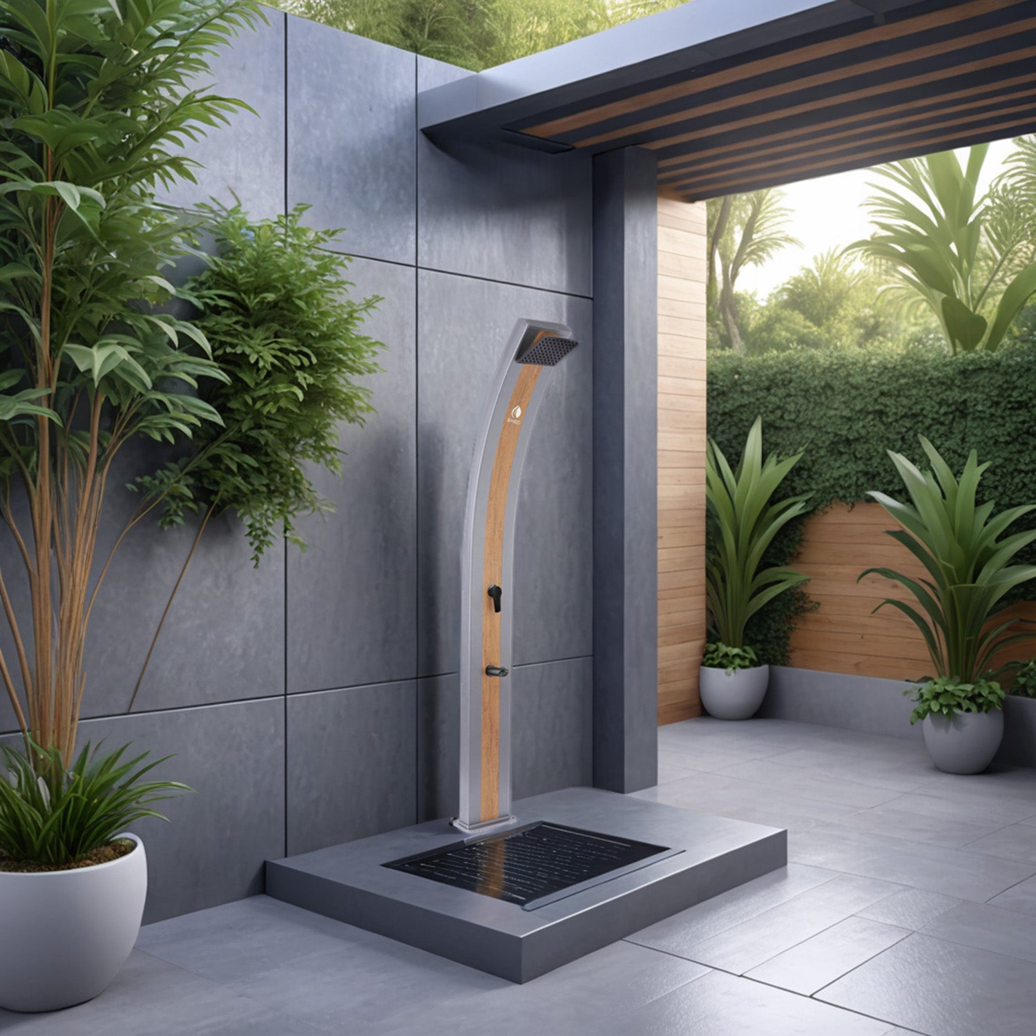 SINED Doccia Solare Grigia in Alluminio con Fascia in Legno Serbatoio da 40 Litri Altezza 224 cm Miscelatore e Rubinetto Lavapiedi Modello Ella