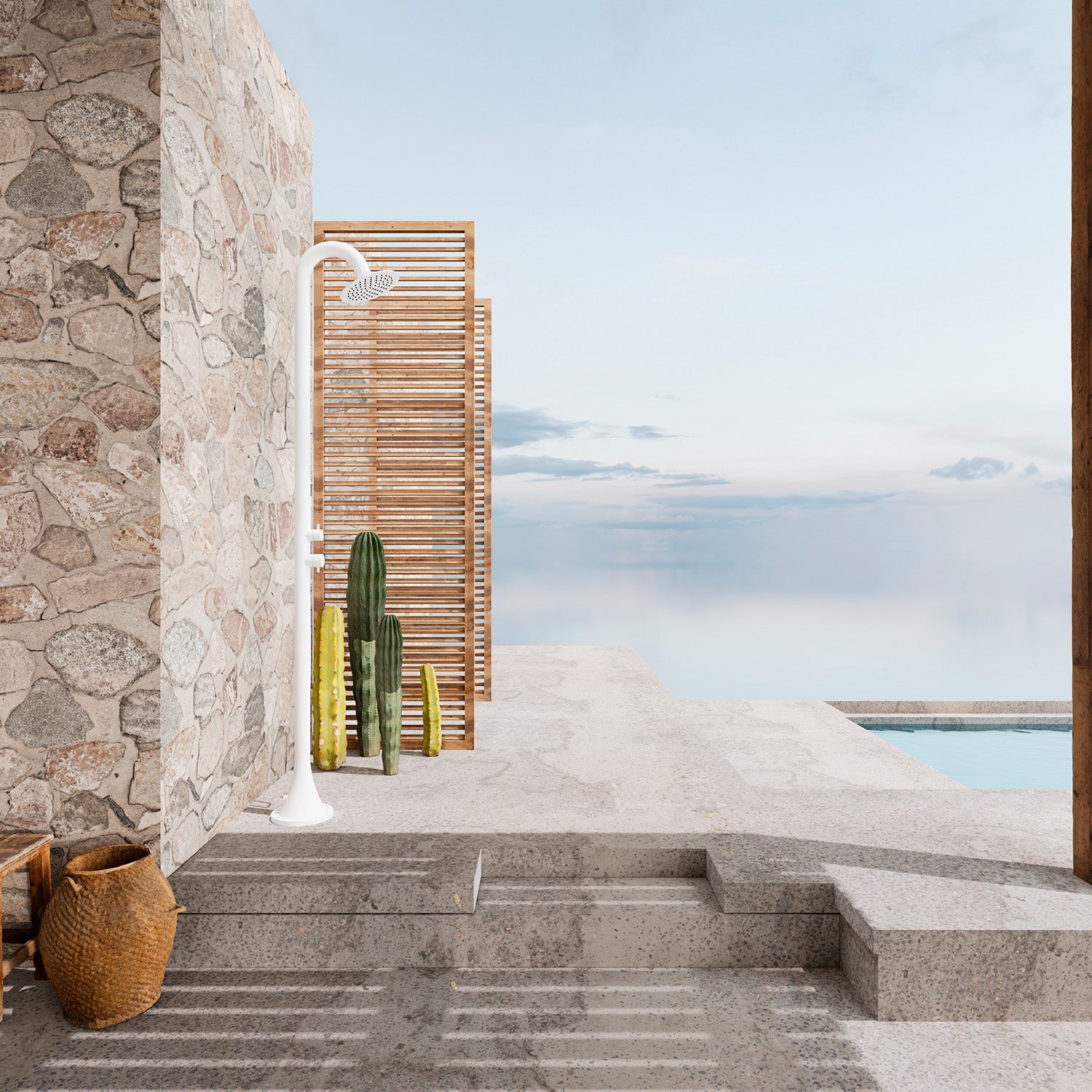 SINED Doccia Luna Bianca In Acciaio Inox 316l Nautico Doccino Flessibile Doppio Attacco Inferiore e Laterale Installazione Interna ed Estern Acqua calda e fredda con miscelatore