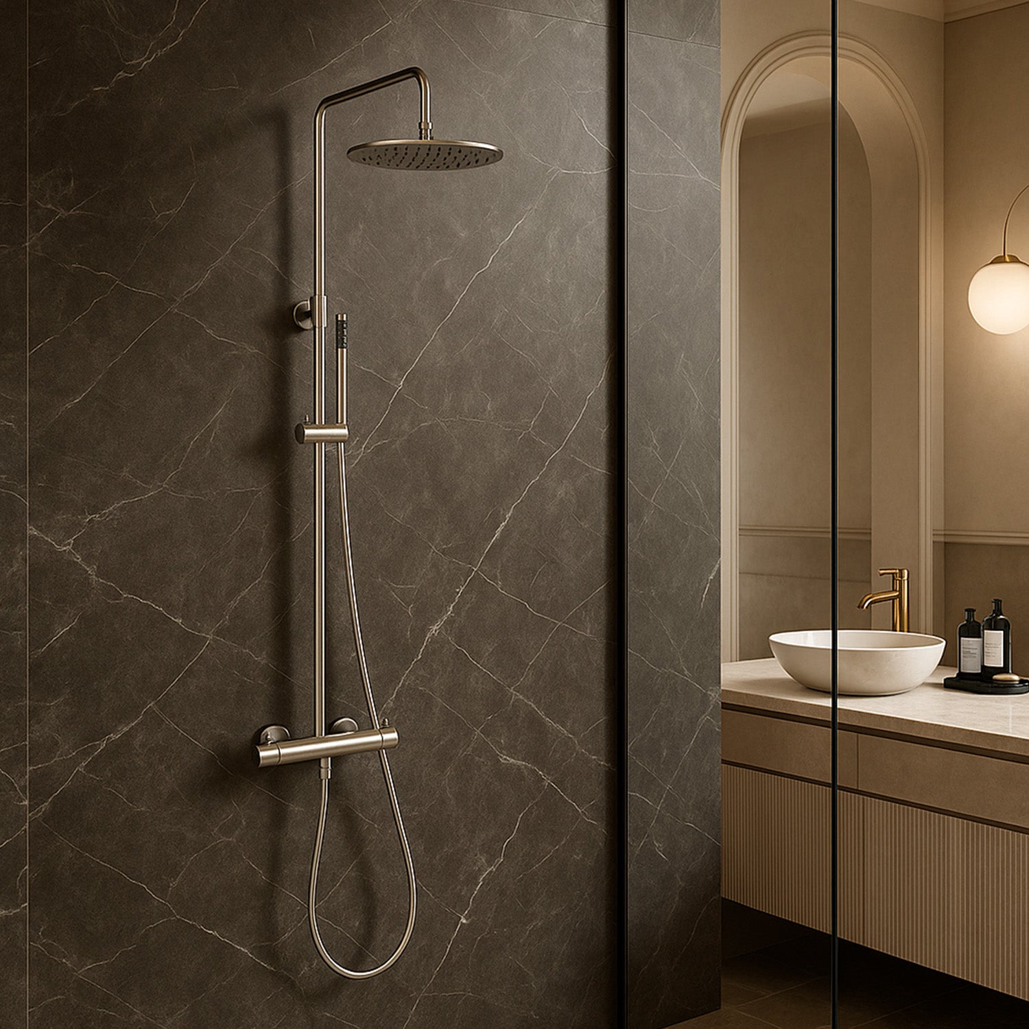 SINED Doccia Termostatica Inox Satinato in Acciaio Inox 316L con Miscelatore per Acqua Calda e Fredda Soffione di 25 cm e Doccino a Mano Installazione a Parete Modello Levante