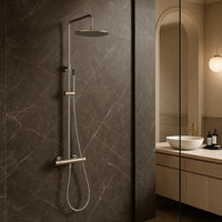 SINED Doccia Termostatica Inox Satinato in Acciaio Inox 316L con Miscelatore per Acqua Calda e Fredda Soffione di 25 cm e Doccino a Mano Installazione a Parete Modello Levante