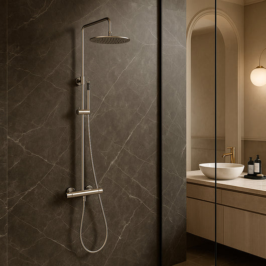 SINED Doccia Termostatica Inox Satinato in Acciaio Inox 316L con Miscelatore per Acqua Calda e Fredda Soffione di 25 cm e Doccino a Mano Installazione a Parete Modello Levante