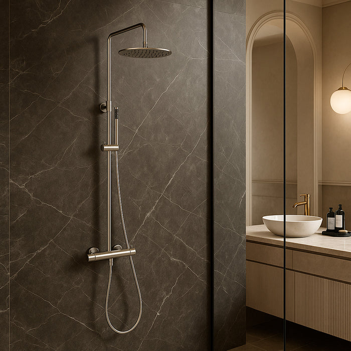 SINED Doccia Termostatica Inox Satinato in Acciaio Inox 316L con Miscelatore per Acqua Calda e Fredda Soffione di 25 cm e Doccino a Mano Installazione a Parete Modello Levante