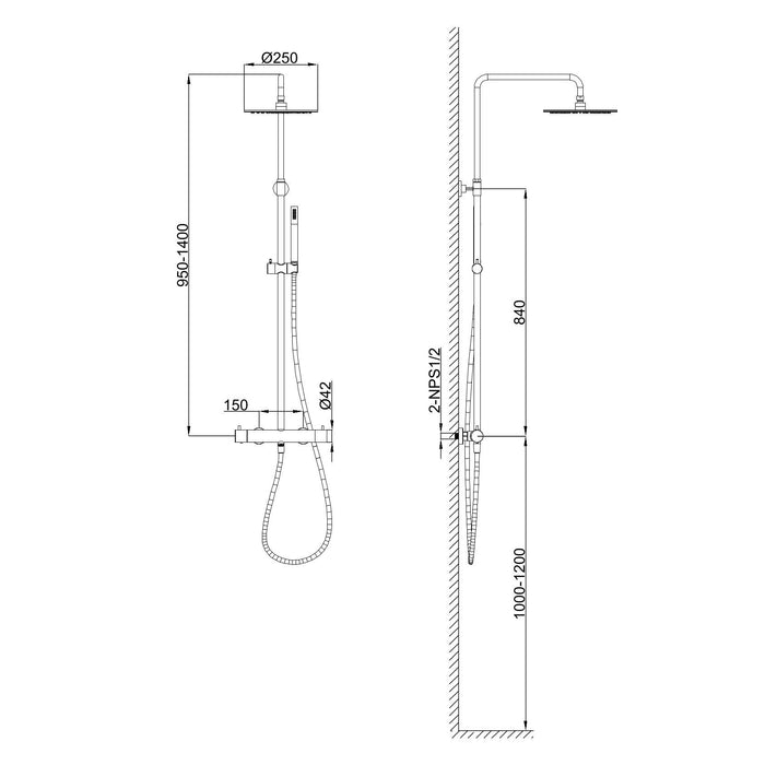SINED Doccia Termostatica Inox Satinato in Acciaio Inox 316L con Miscelatore per Acqua Calda e Fredda Soffione di 25 cm e Doccino a Mano Installazione a Parete Modello Levante