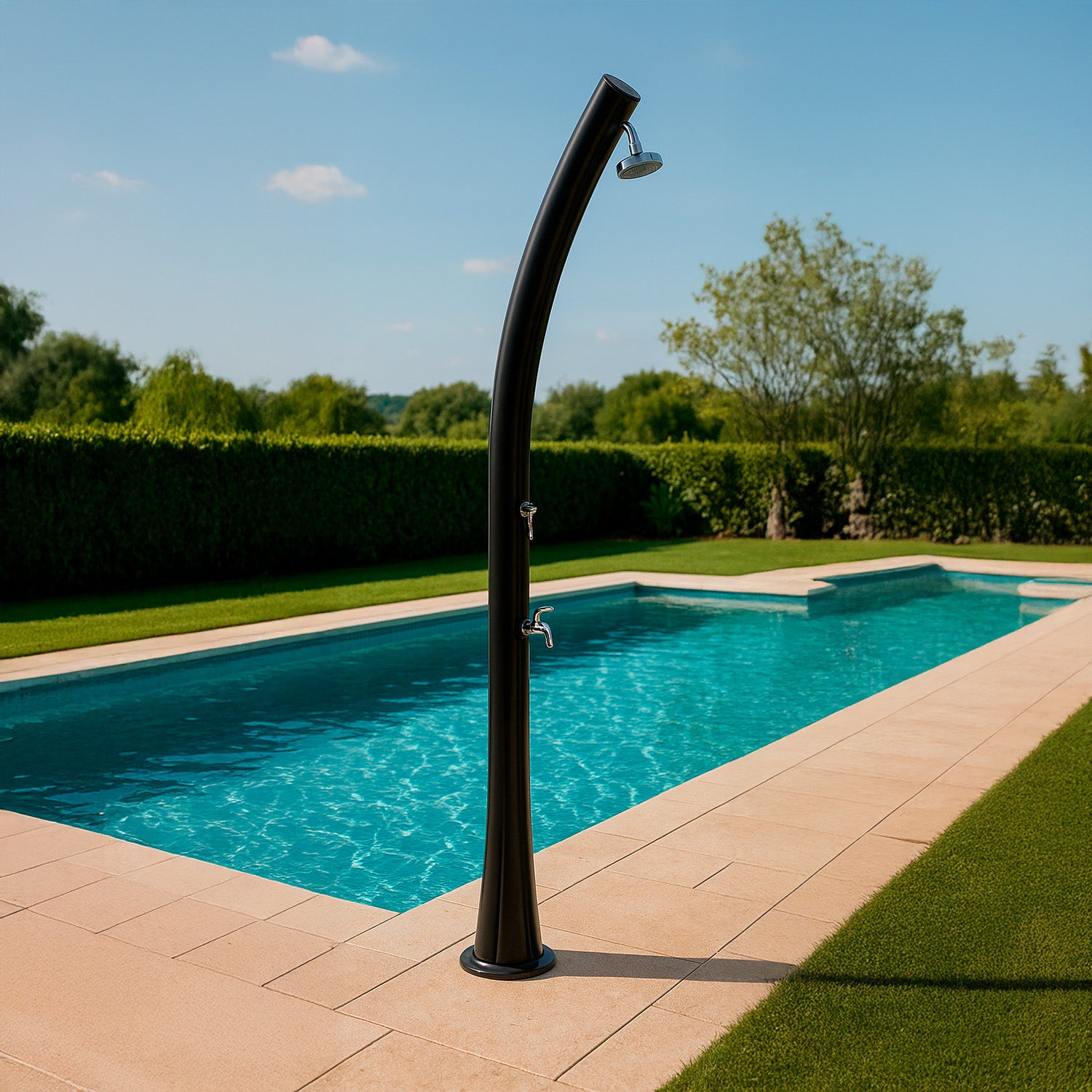 MPC Doccia Piscina Nera in Polietilene HD con Riscaldamento Solare Altezza 226 cm Serbatoio 25 Litri Lavapiedi e Rubinetti in Ottone Modello Rio