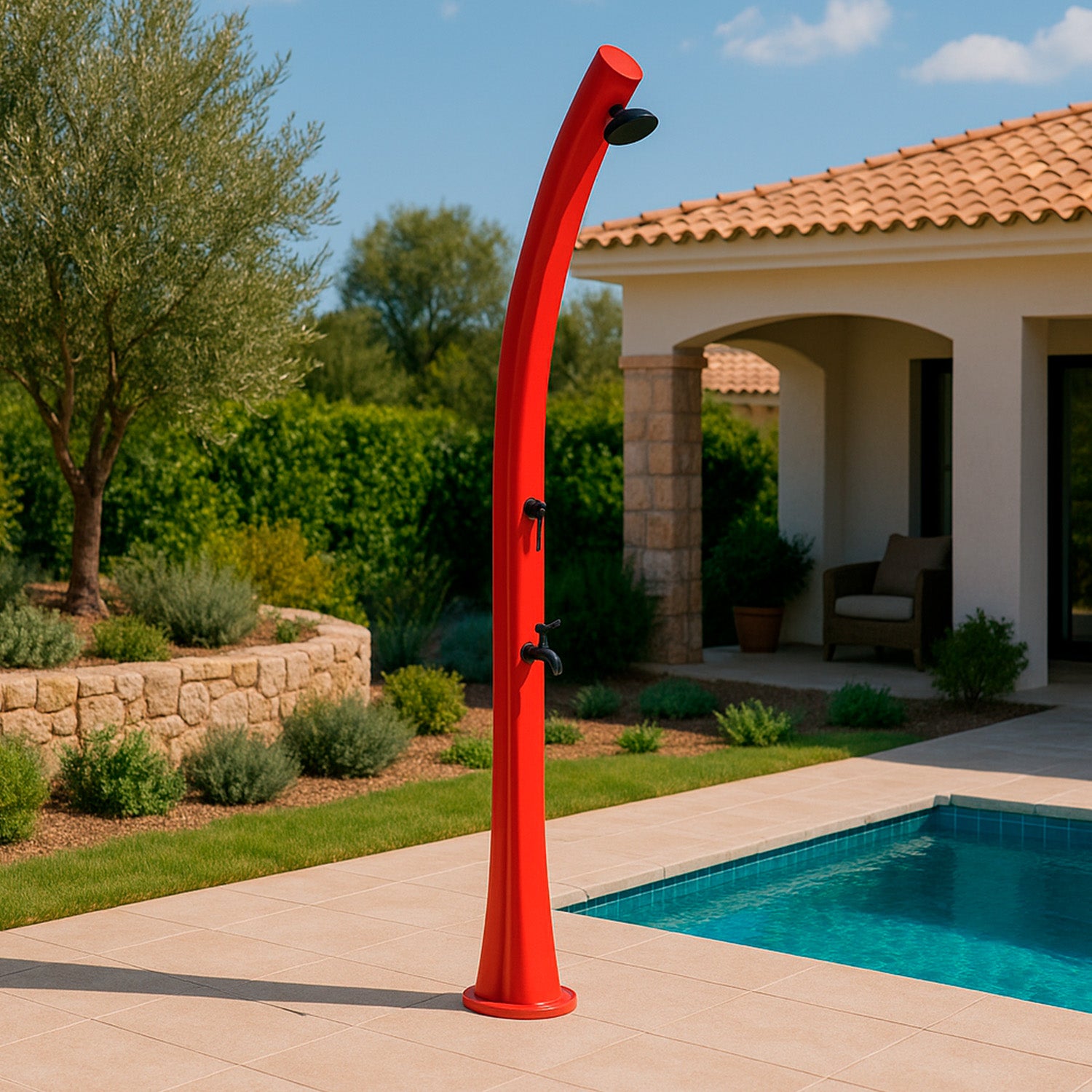 MPC Doccia Rossa in Polietilene HD con Riscaldamento Solare Altezza 226 cm Serbatoio 25 Litri Soffione Rotondo Ø 10 cm Accessori in Ottone Modello DOCCIA SOLARE RIO