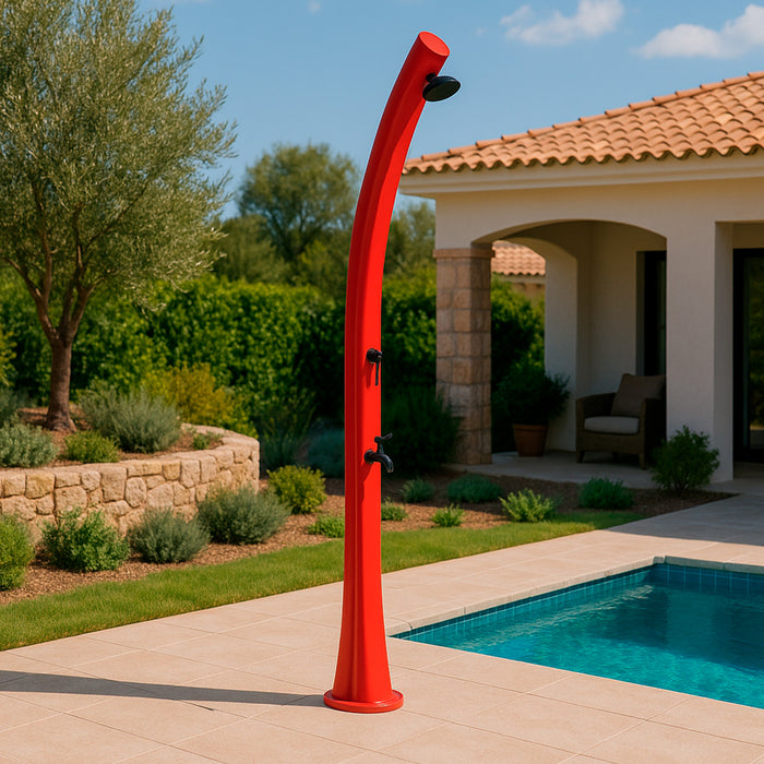 MPC Doccia Rossa in Polietilene HD con Riscaldamento Solare Altezza 226 cm Serbatoio 25 Litri Soffione Rotondo Ø 10 cm Accessori in Ottone Modello DOCCIA SOLARE RIO