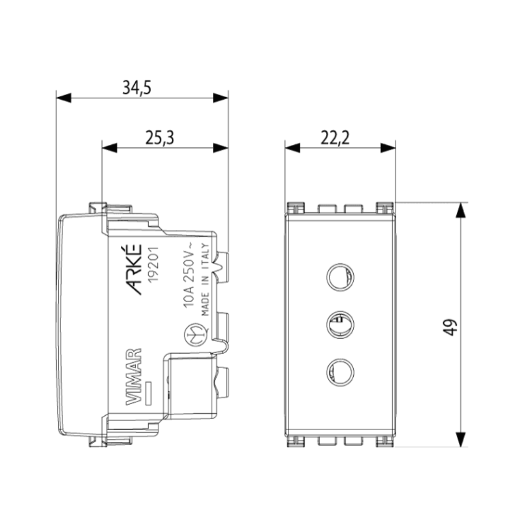 Presa sicury 2p+t 10a 250v standard italiano tipo p11 vimar serie arkè 50-60 hz *** colore grigio, confezione 1