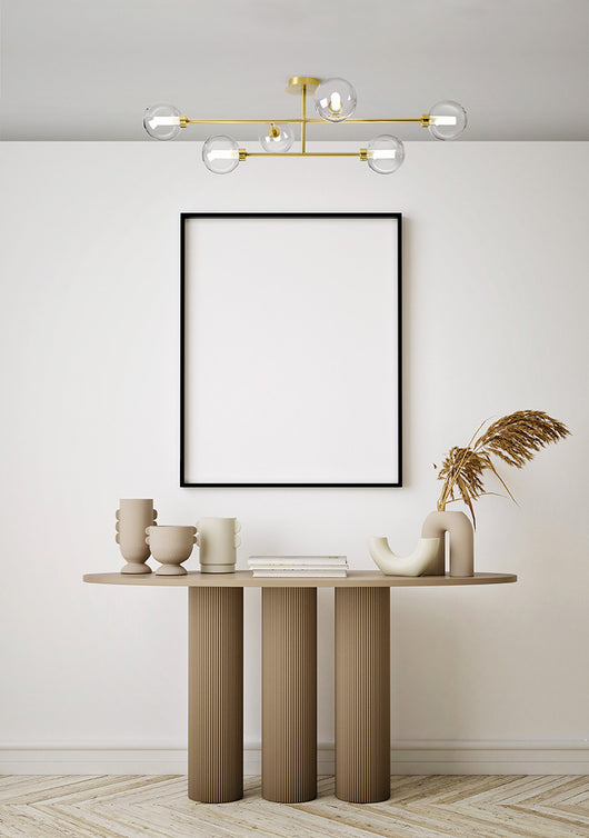 DOM LAMPADA DA SOFFITTO O PARETE 6 LUCI VETRO TRASPARENTE CICLINDRO SATINATO MONTATURA ORO ATTACCO G9