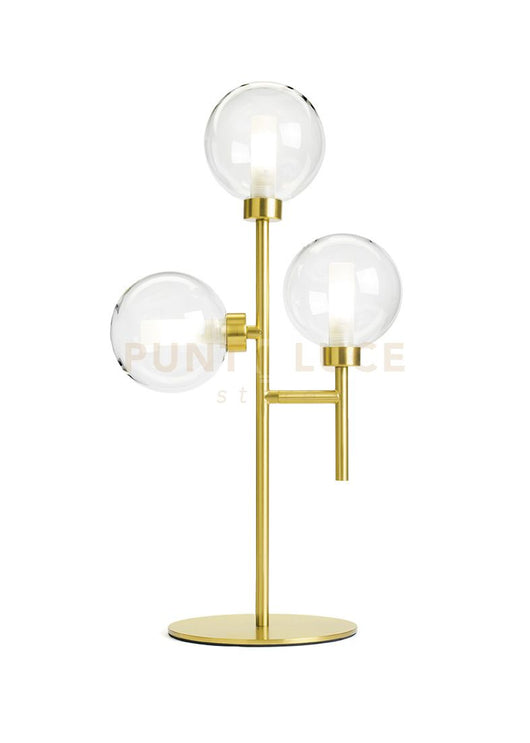 DOM LAMPADA DA TAVOLO 3 LUCI VETRO TRASPARENTE CICLINDRO SATINATO MONTATURA ORO ATTACCO G9 CON DIMMER