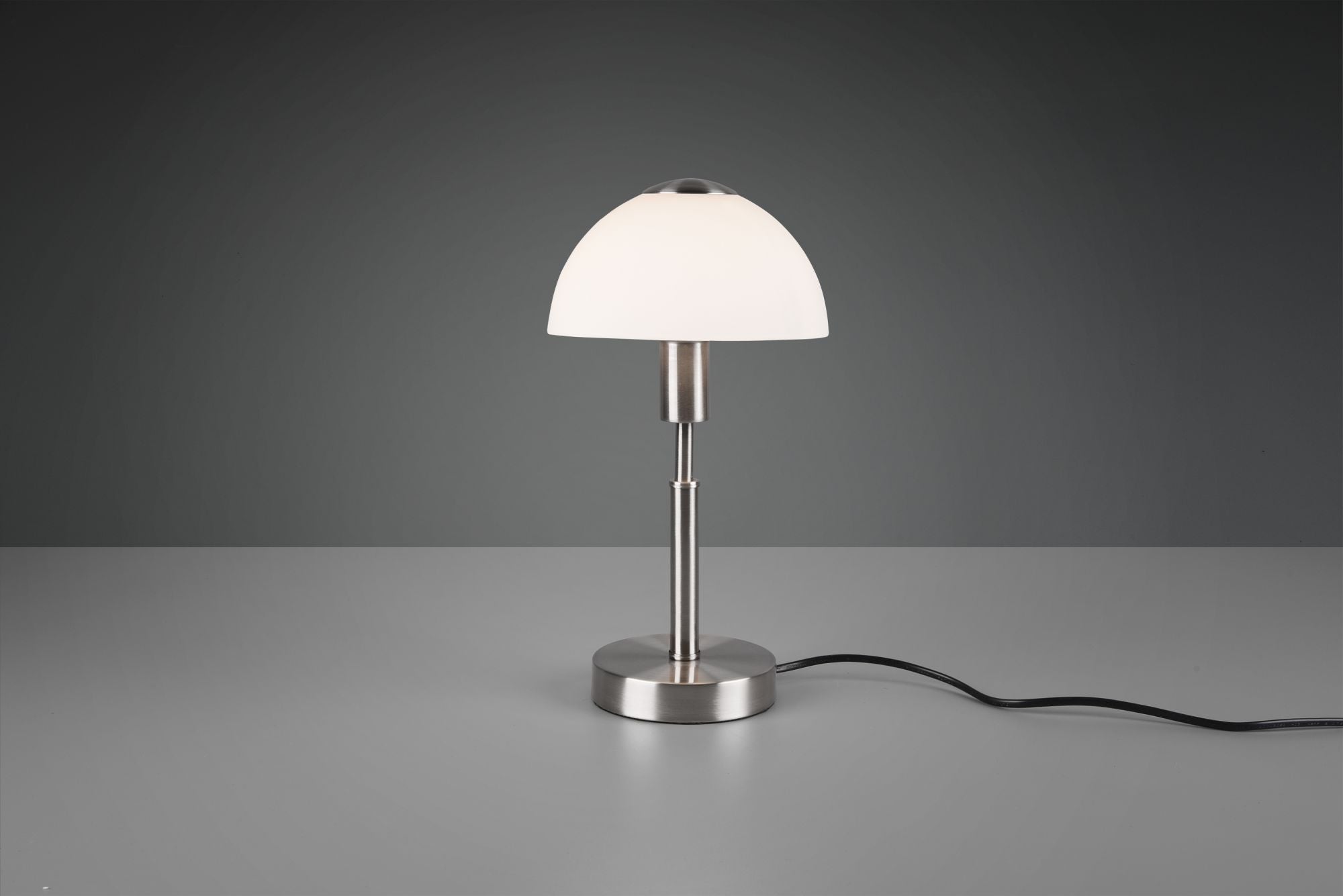 DON II LAMPADA DA TAVOLO CUPOLA VETRO BIANCO E METALLO ACCIAIO SATINATO CON INTERRUTTORE H. 33CM 1 LUCE ATTACCO E14