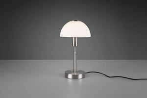 DON II LAMPADA DA TAVOLO CUPOLA VETRO BIANCO E METALLO ACCIAIO SATINATO CON INTERRUTTORE H. 33CM 1 LUCE ATTACCO E14