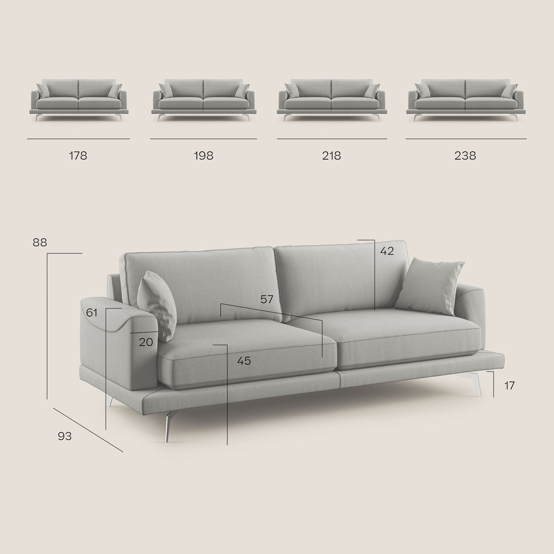 Divano 3 Posti 218x88x93 cm in Tessuto Rosso