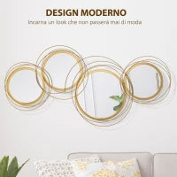 Decorazione Murale 3D in Metallo, Wall Art a Cerchi con Specchi 107x56cm, Oro