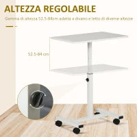 Tavolino Porta PC con Altezza Regolabile e Ruote, 60x40x52.5-84cm, Bianco
