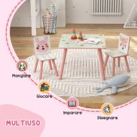 Set Tavolo e Sedie 3 Pezzi per Bambini 3-8 Anni in MDF e Legno di Pino con Disegni di Animali, Rosa